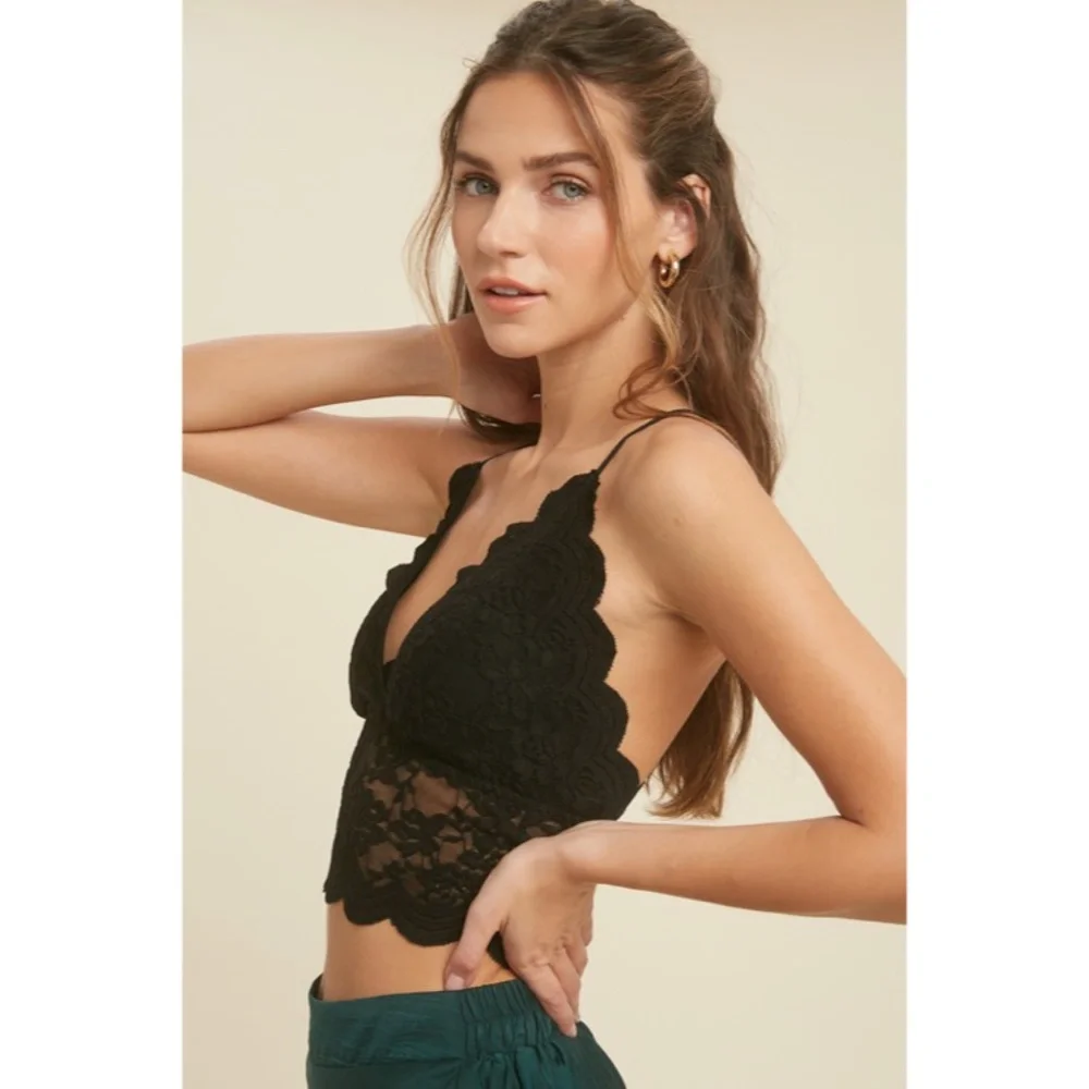 SOLD OUT Black Sheer Lace Scalloped Longline Padded Brami Bralette - Picture 2 of 4